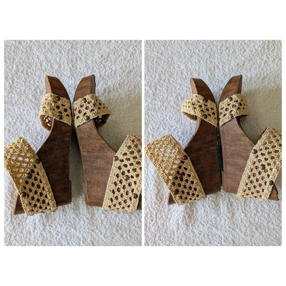 C Est 1946 8M Crochet Wedge Sandals Cream Brown Boho Macrame Studded